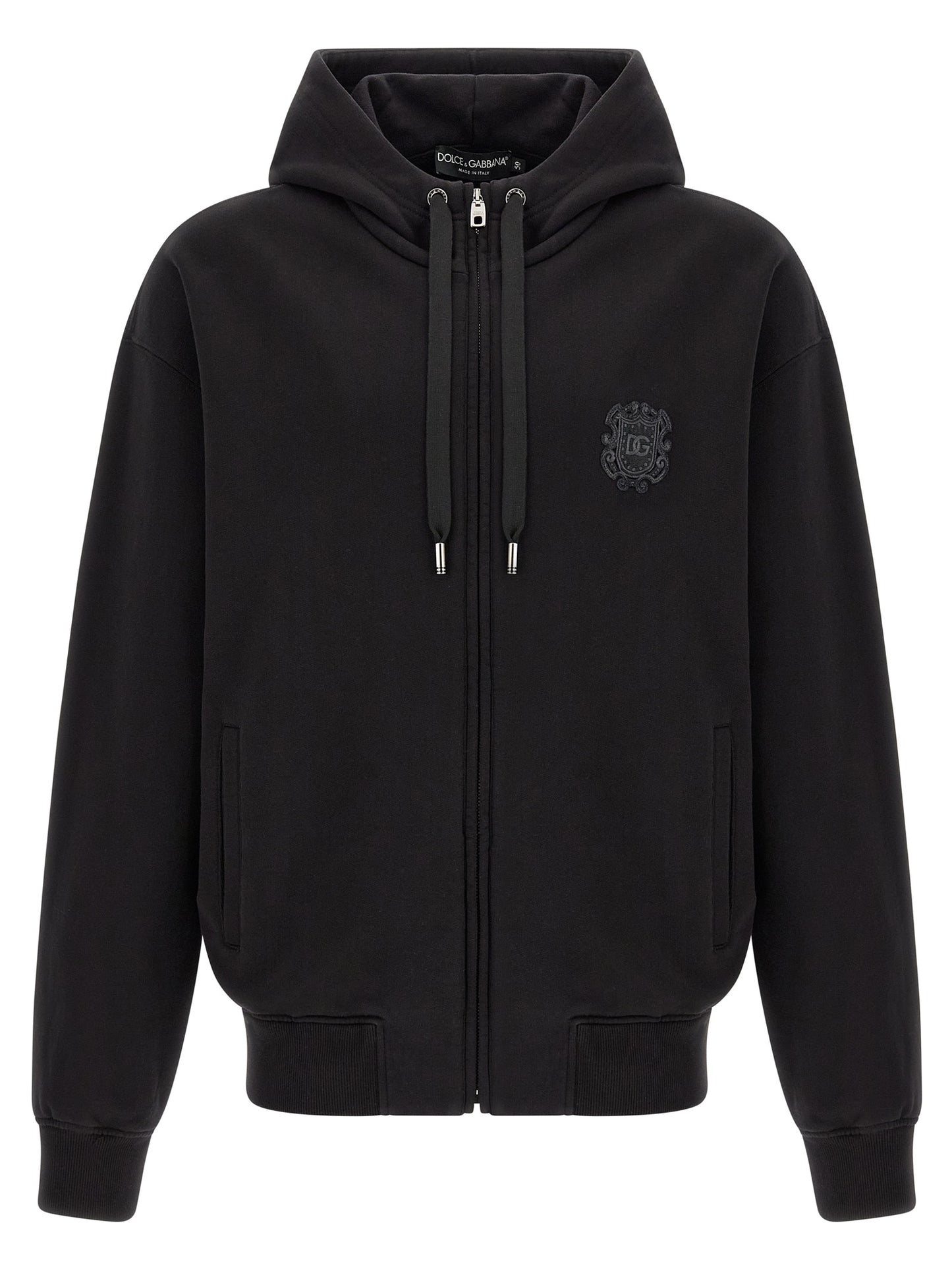 Dolce & Gabbana Black Cotton Hoodie with Embroidered Coat of Arms