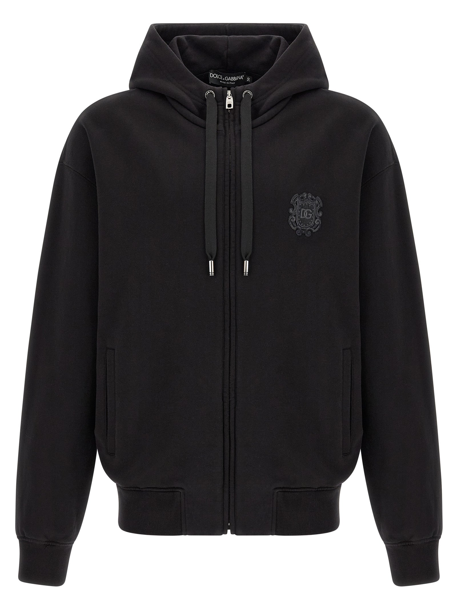 Dolce & Gabbana Black Cotton Hoodie with Embroidered Coat of Arms