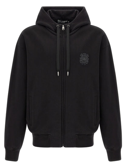 Dolce & Gabbana Black Cotton Hoodie with Embroidered Coat of Arms