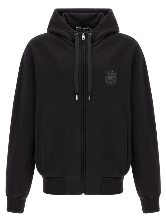 Dolce & Gabbana Black Cotton Hoodie with Embroidered Coat of Arms