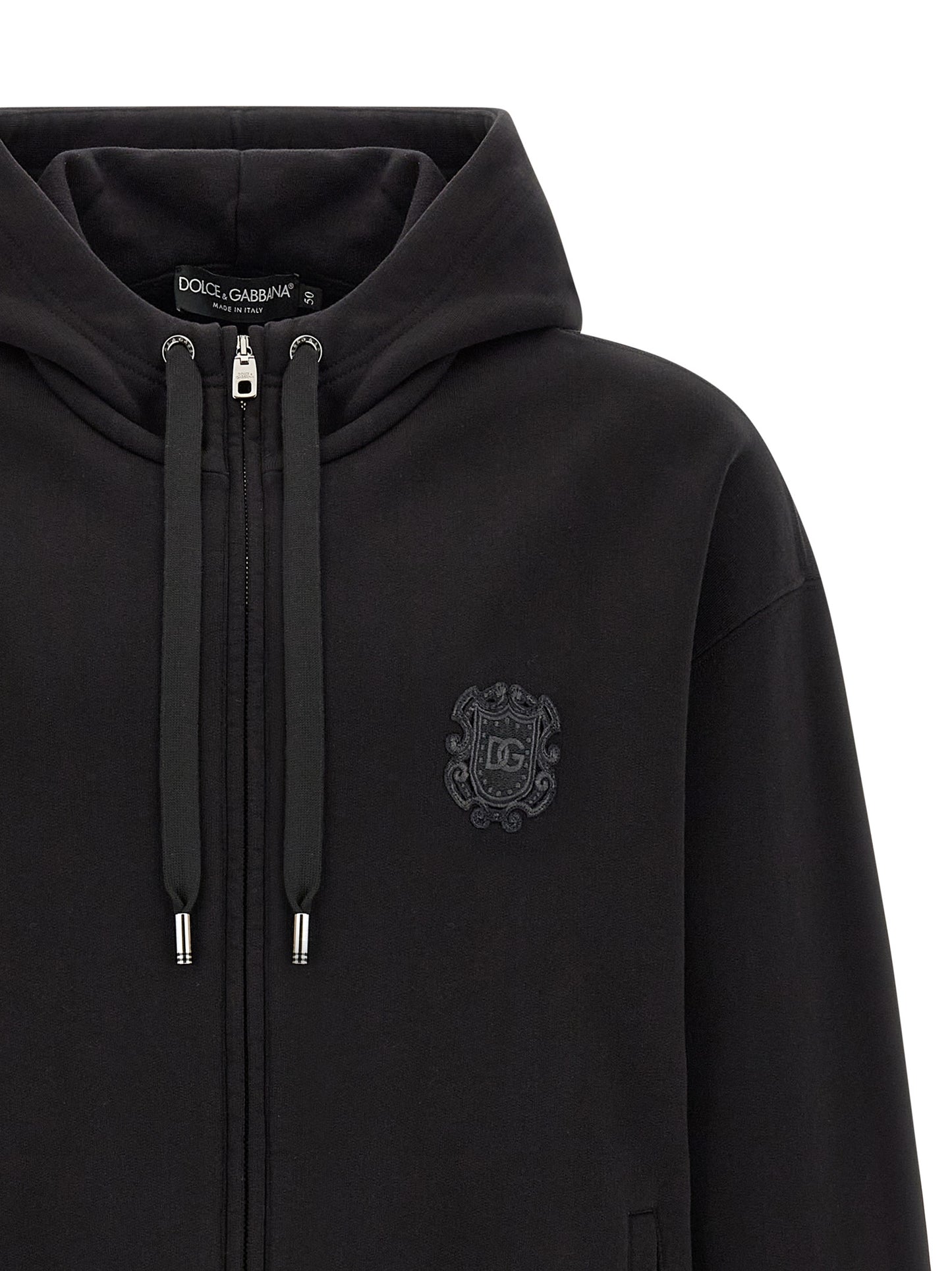 Dolce & Gabbana Black Cotton Hoodie with Embroidered Coat of Arms