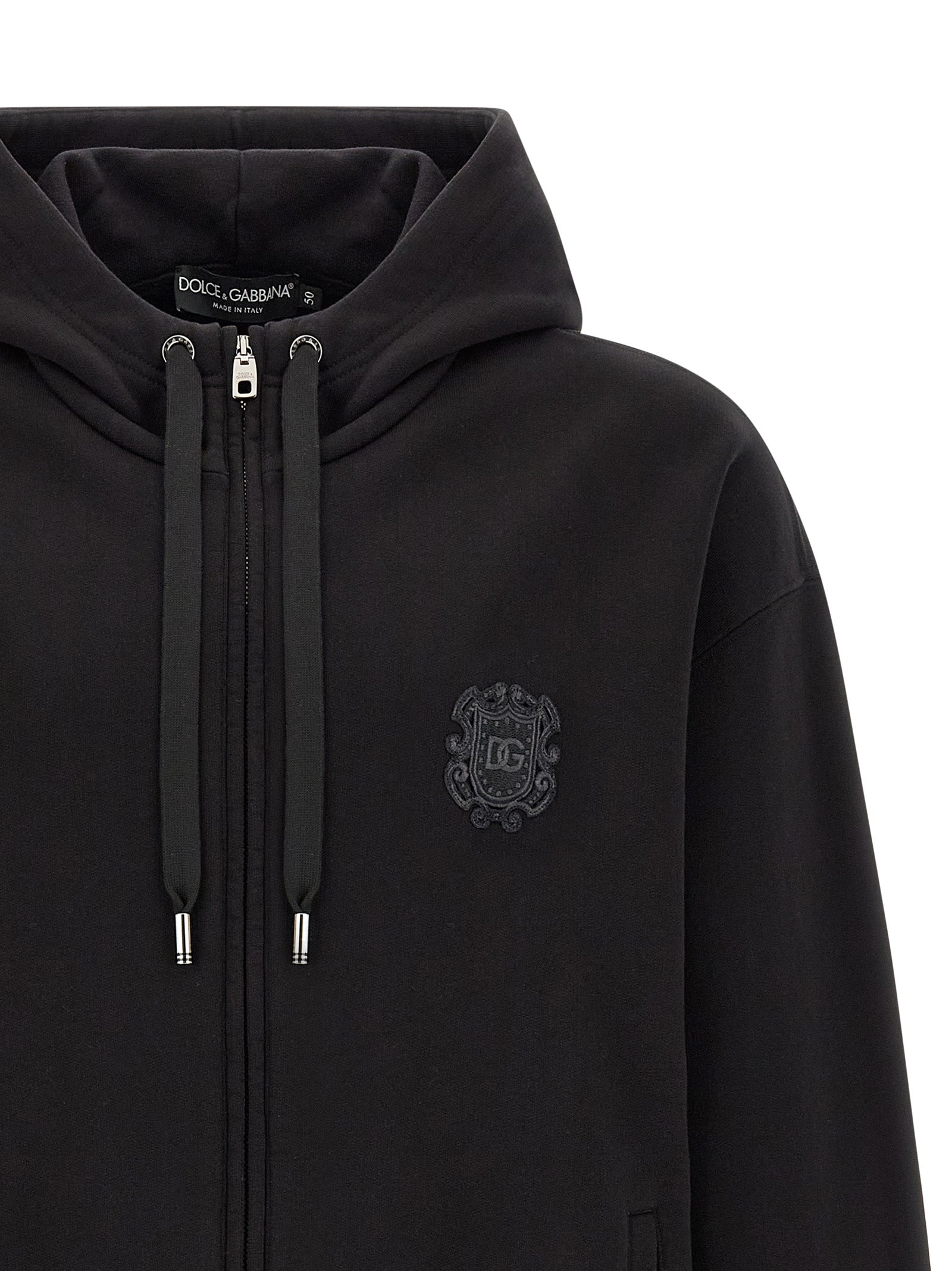 Dolce & Gabbana Black Cotton Hoodie with Embroidered Coat of Arms