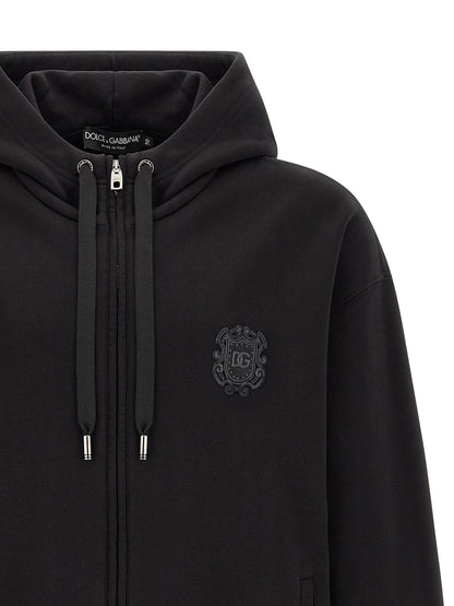 Dolce & Gabbana Black Cotton Hoodie with Embroidered Coat of Arms