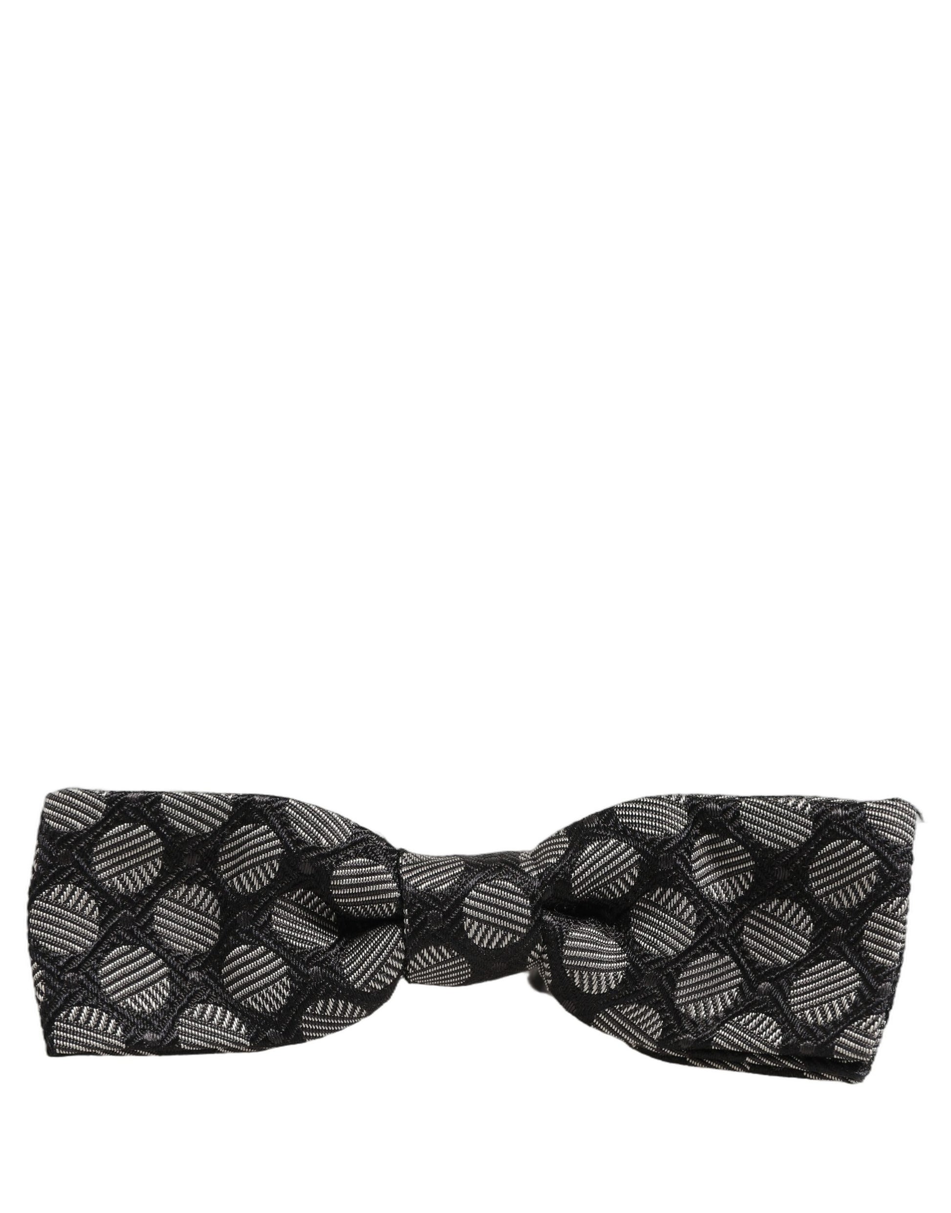Dolce & Gabbana Black White Geometric Silk Adjustable Neck Papillon Bow Tie
