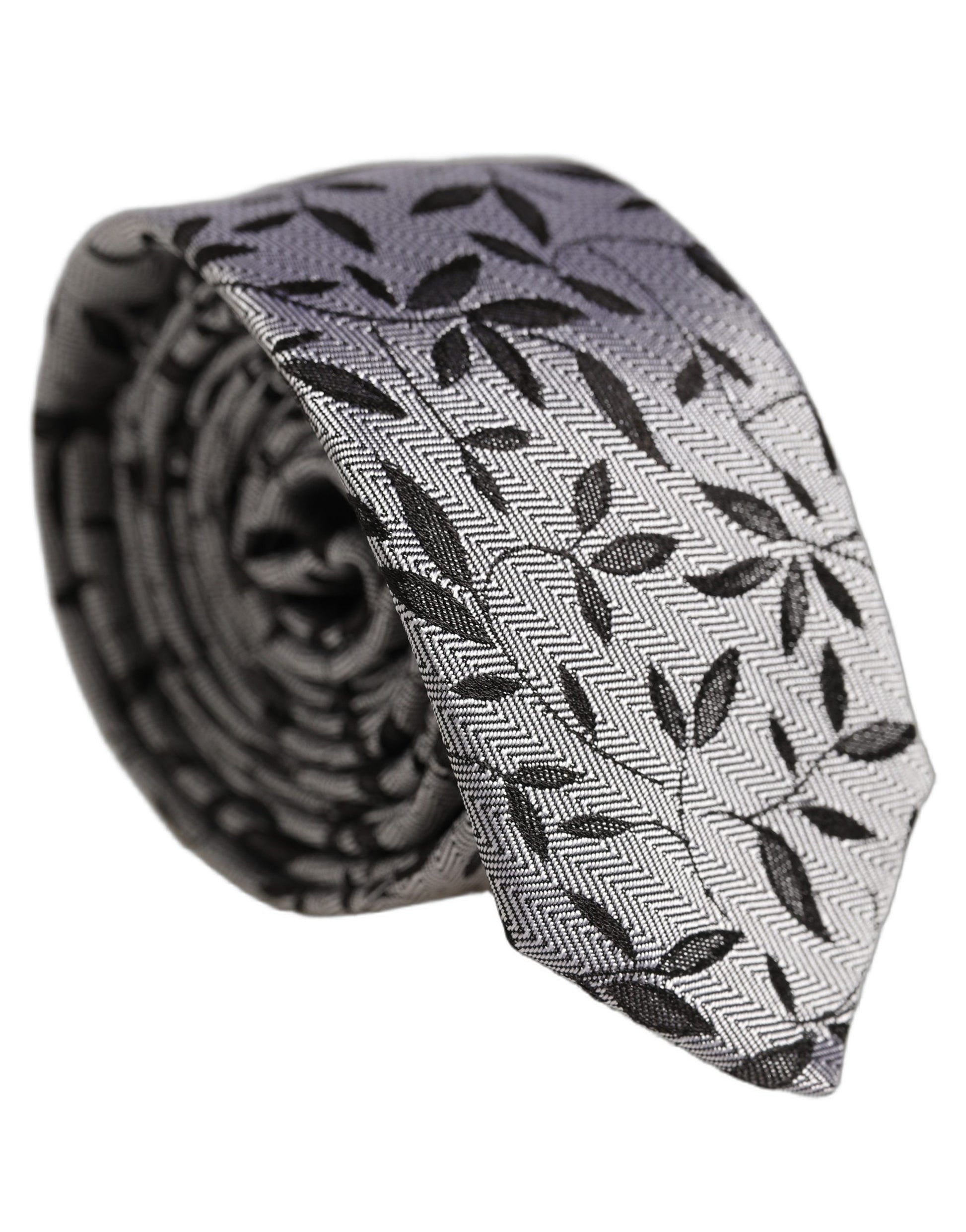 Dolce & Gabbana Men Gray Leaf Pattern Silk Adjustable Tied Necktie Tie