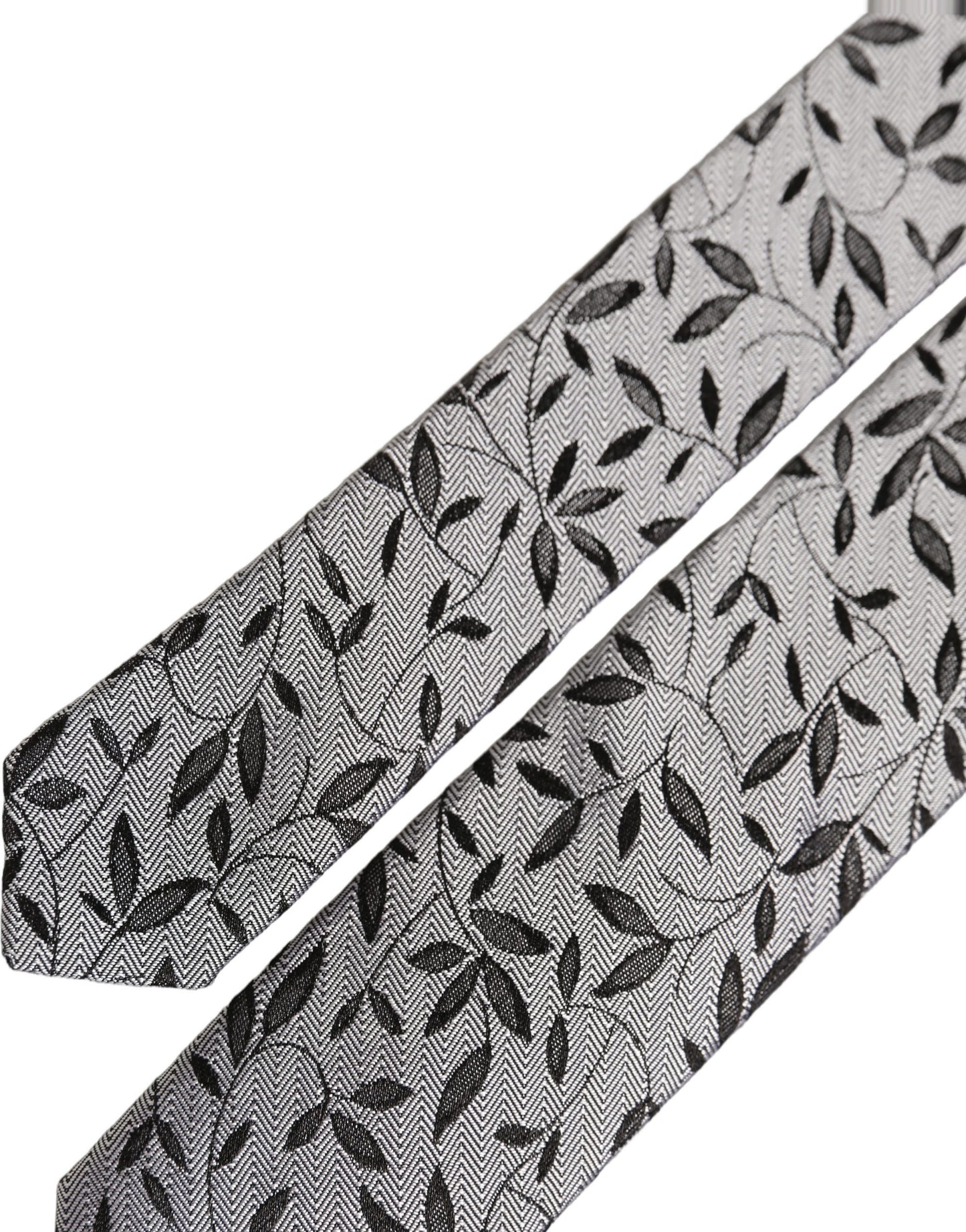 Dolce & Gabbana Men Gray Leaf Pattern Silk Adjustable Tied Necktie Tie