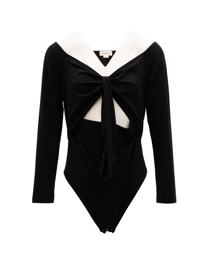 Alexander McQueen Black Cotton Top with White Collar and Knot Detail