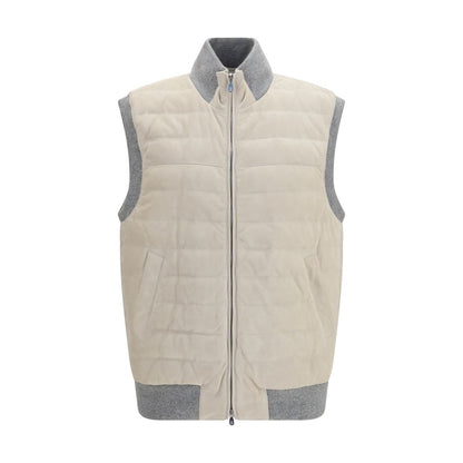 Brunello Cucinelli Beige Calf Leather Bos Taurus Sleeveless Jacket