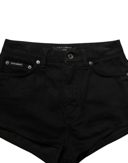 Dolce & Gabbana Black Cotton Mid Rise Denim Hot Pants Shorts