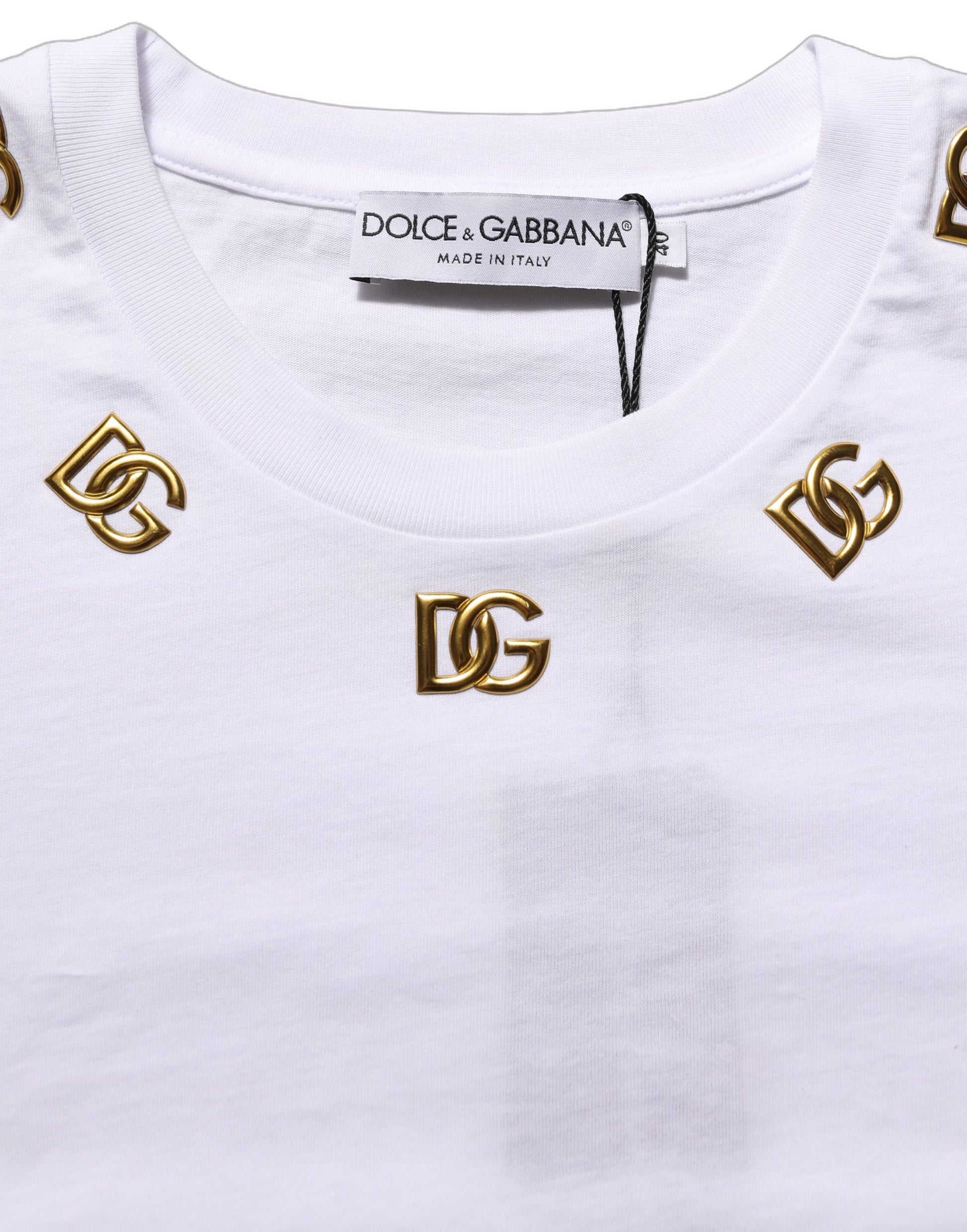 Dolce & Gabbana White Cotton Gold DG Logo Crew Neck T-shirt