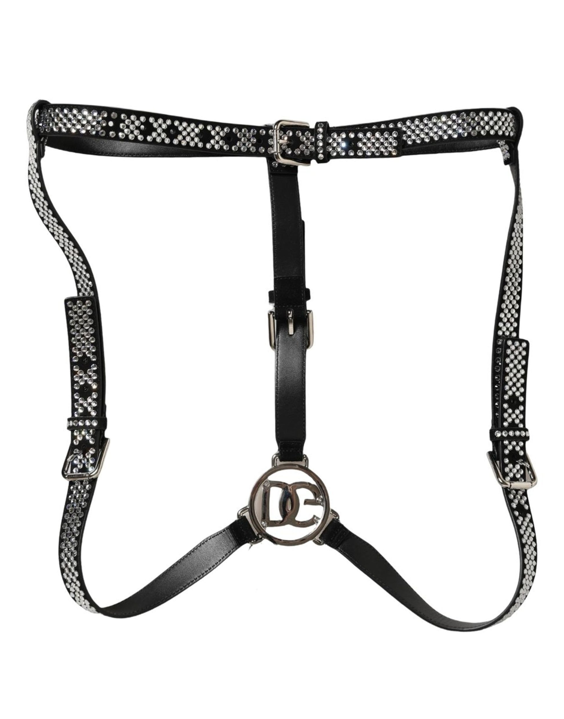 Dolce & Gabbana Black Leather Rhinestones Embellished Men Suspender
