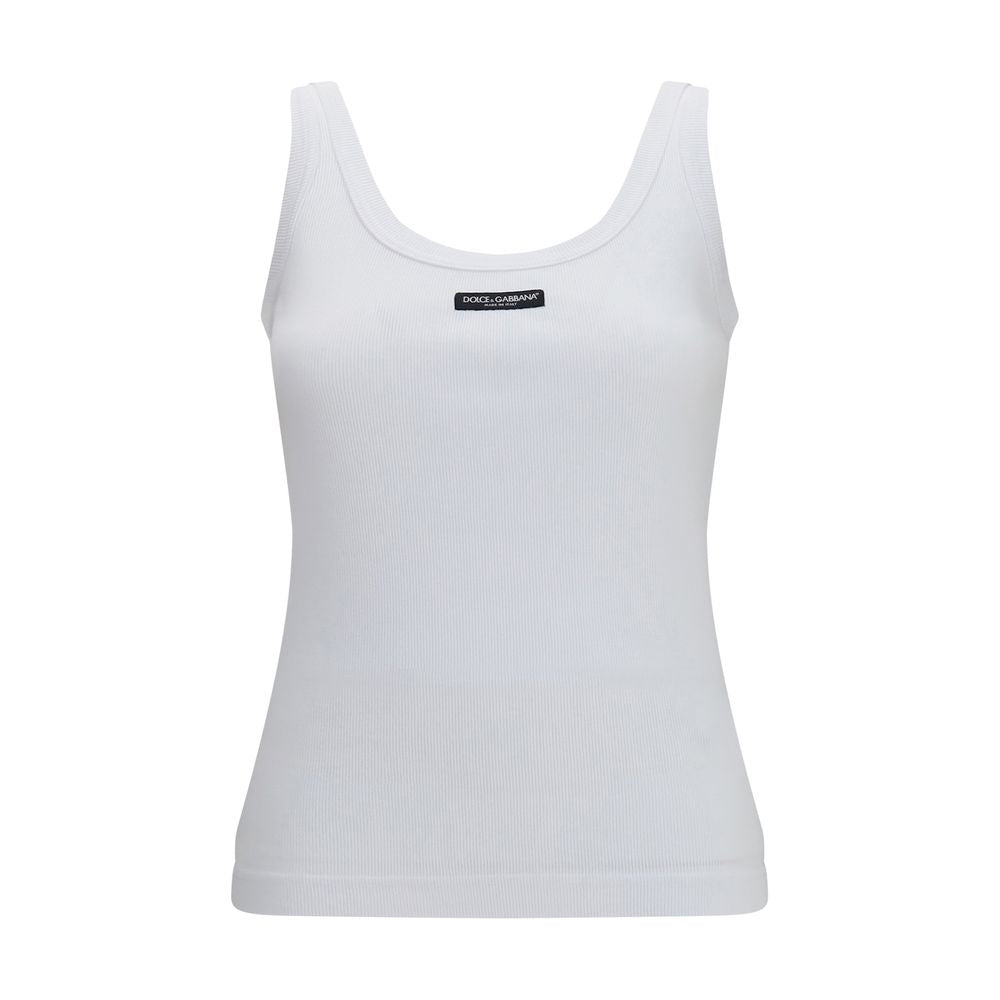 Dolce & Gabbana White Cotton Ribbed Logo Tank Top