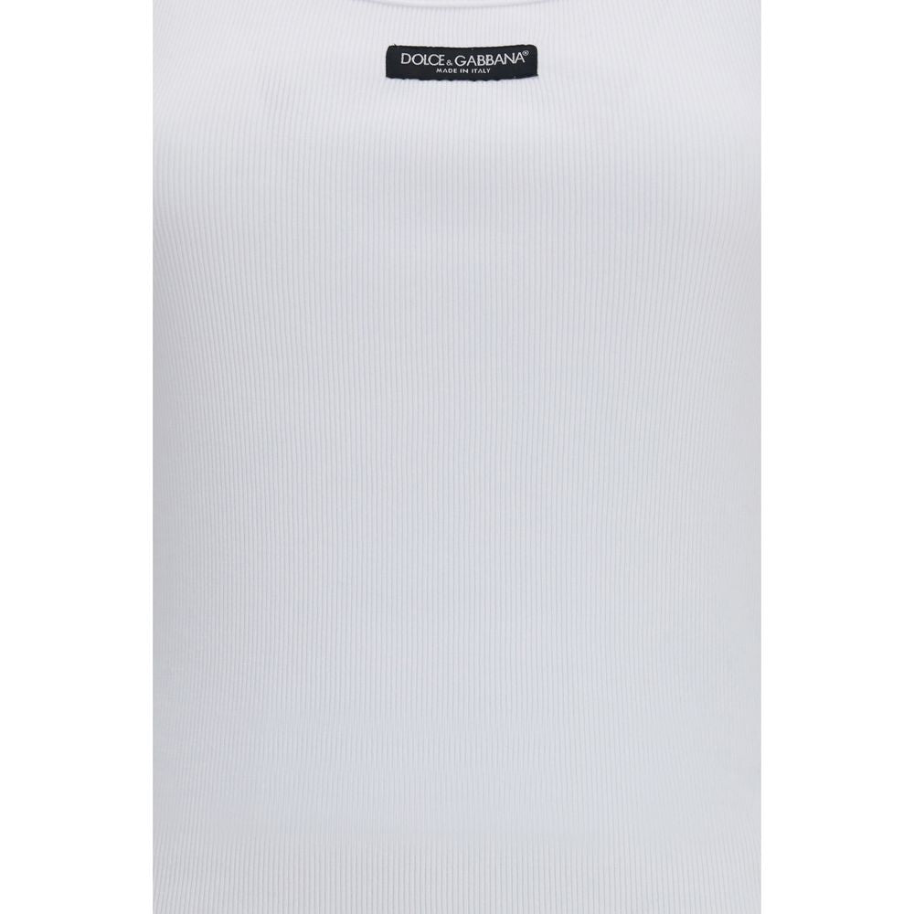 Dolce & Gabbana White Cotton Ribbed Logo Tank Top