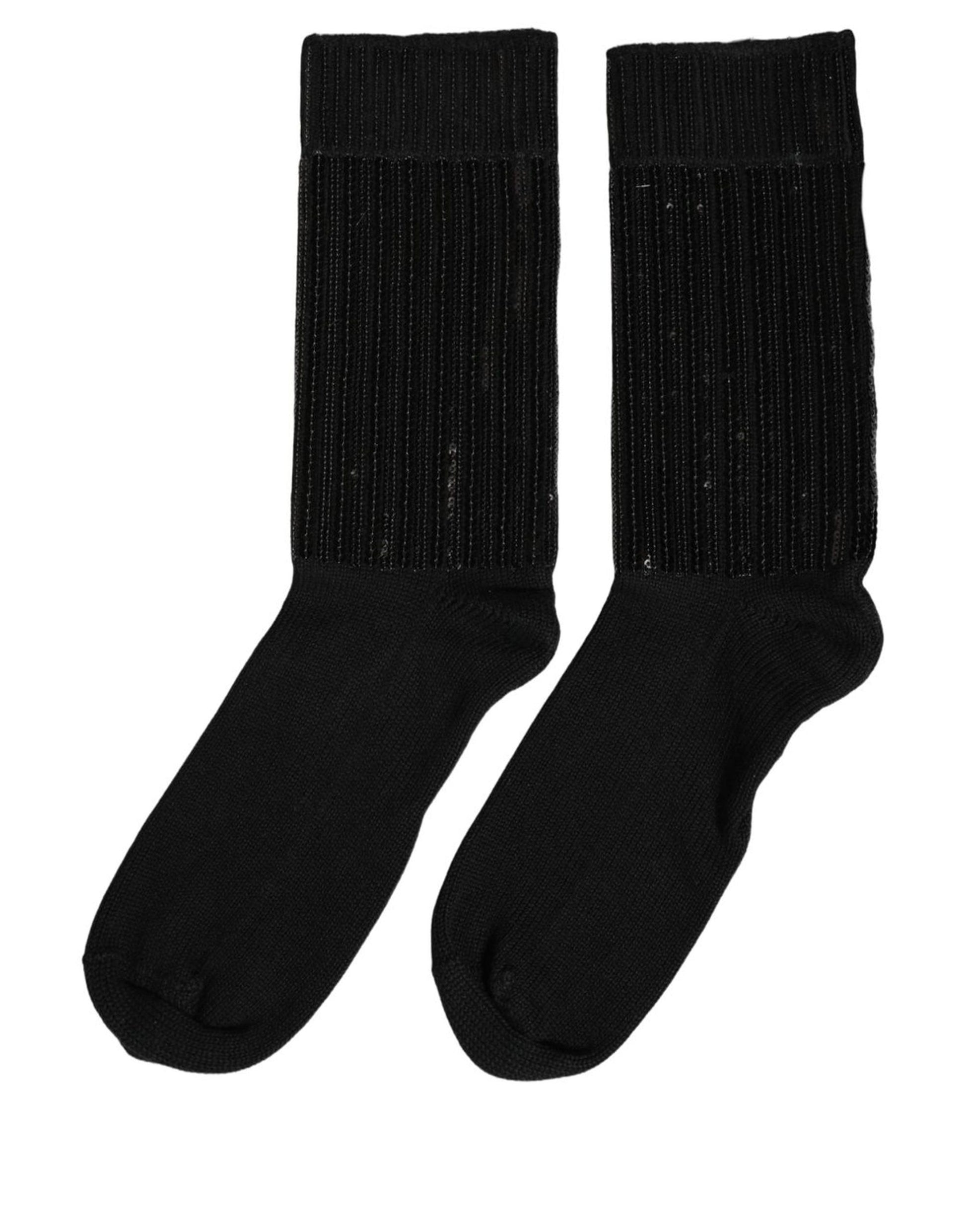 Dolce & Gabbana Black Sequin Cotton Knit Mid Calf Socks