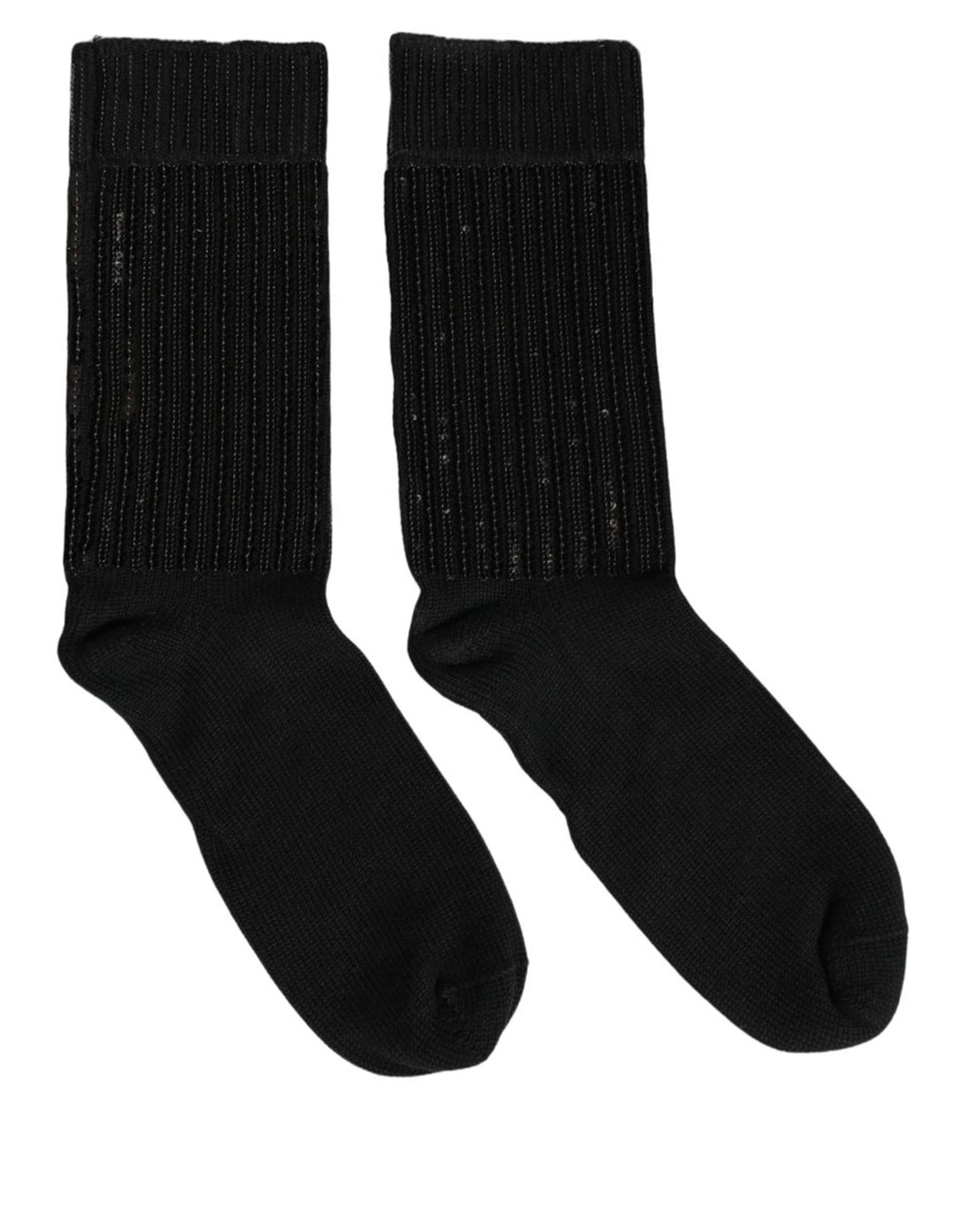 Dolce & Gabbana Black Sequin Cotton Knit Mid Calf Socks