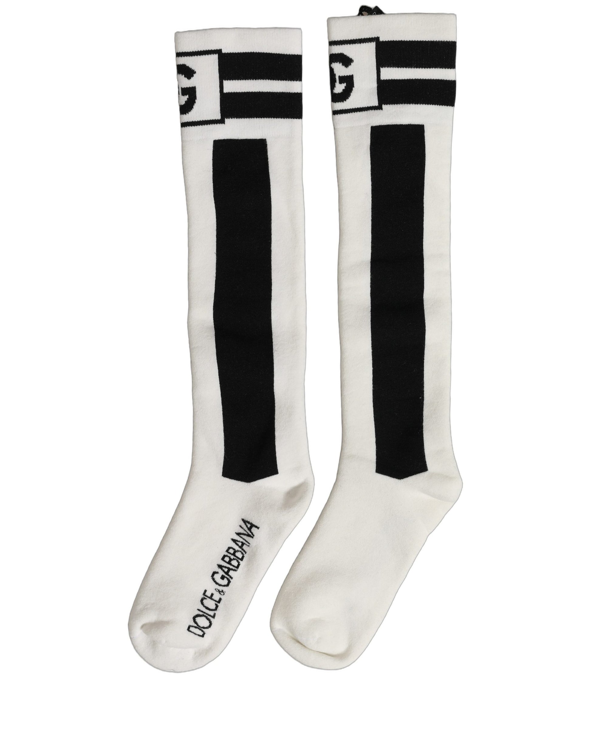 Dolce & Gabbana White Black Cotton Stretch Knee High Socks