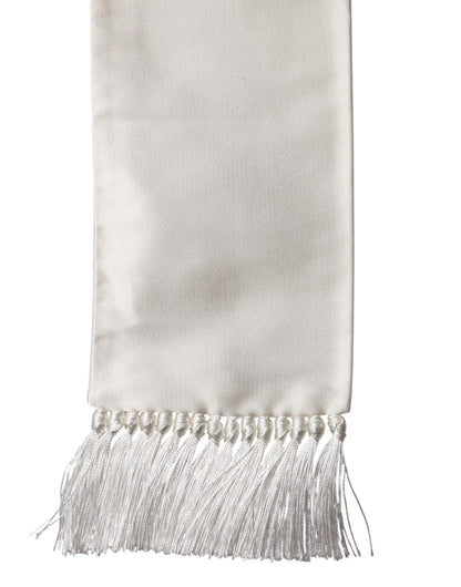 Dolce & Gabbana Men White Satin Silk Fringed Lace Stole Scarf