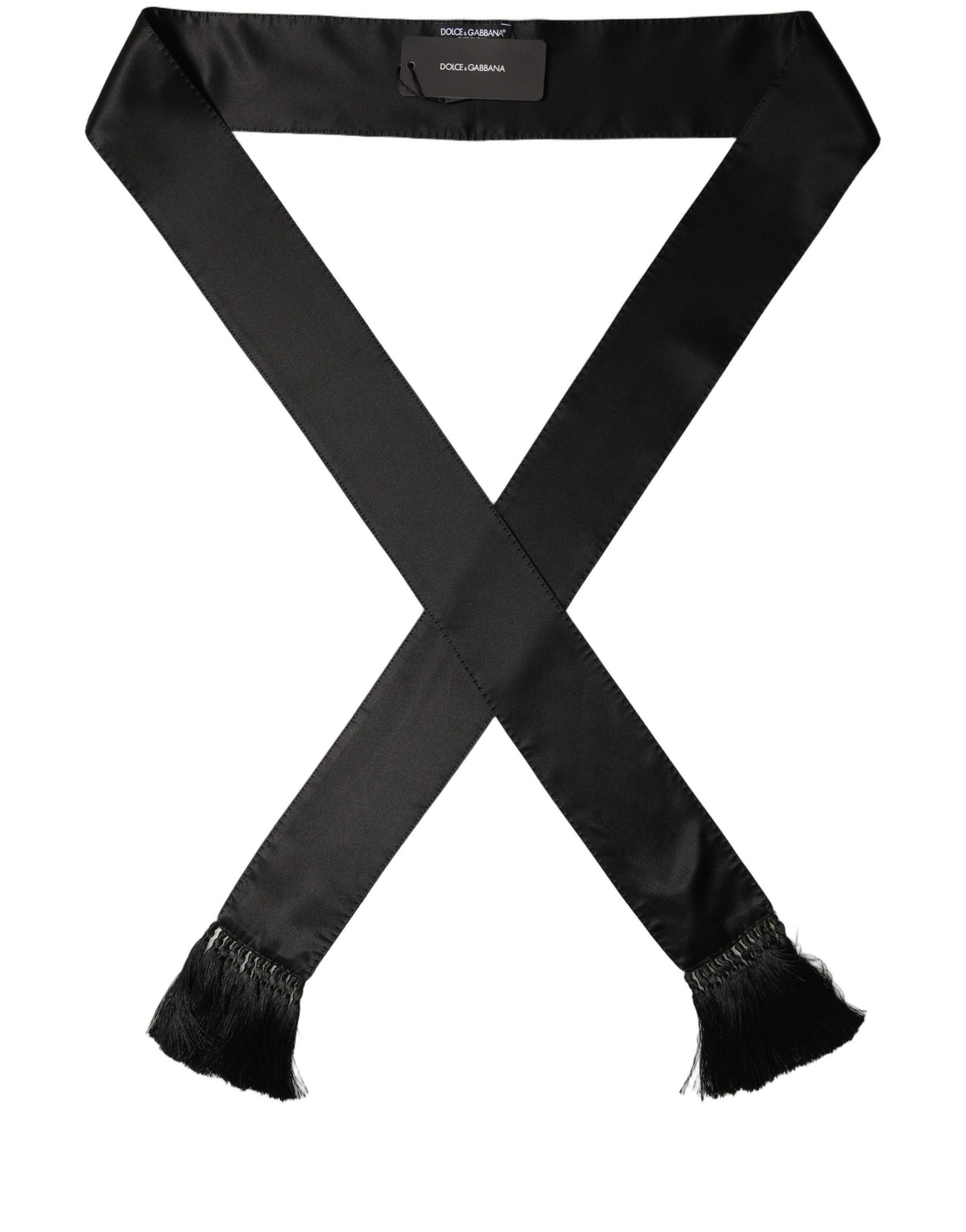 Dolce & Gabbana Black Satin Silk Skinny Fringed Shawl Scarf 220cm x 9cm