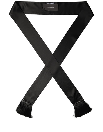 Dolce & Gabbana Black Satin Silk Skinny Fringed Shawl Scarf 220cm x 9cm