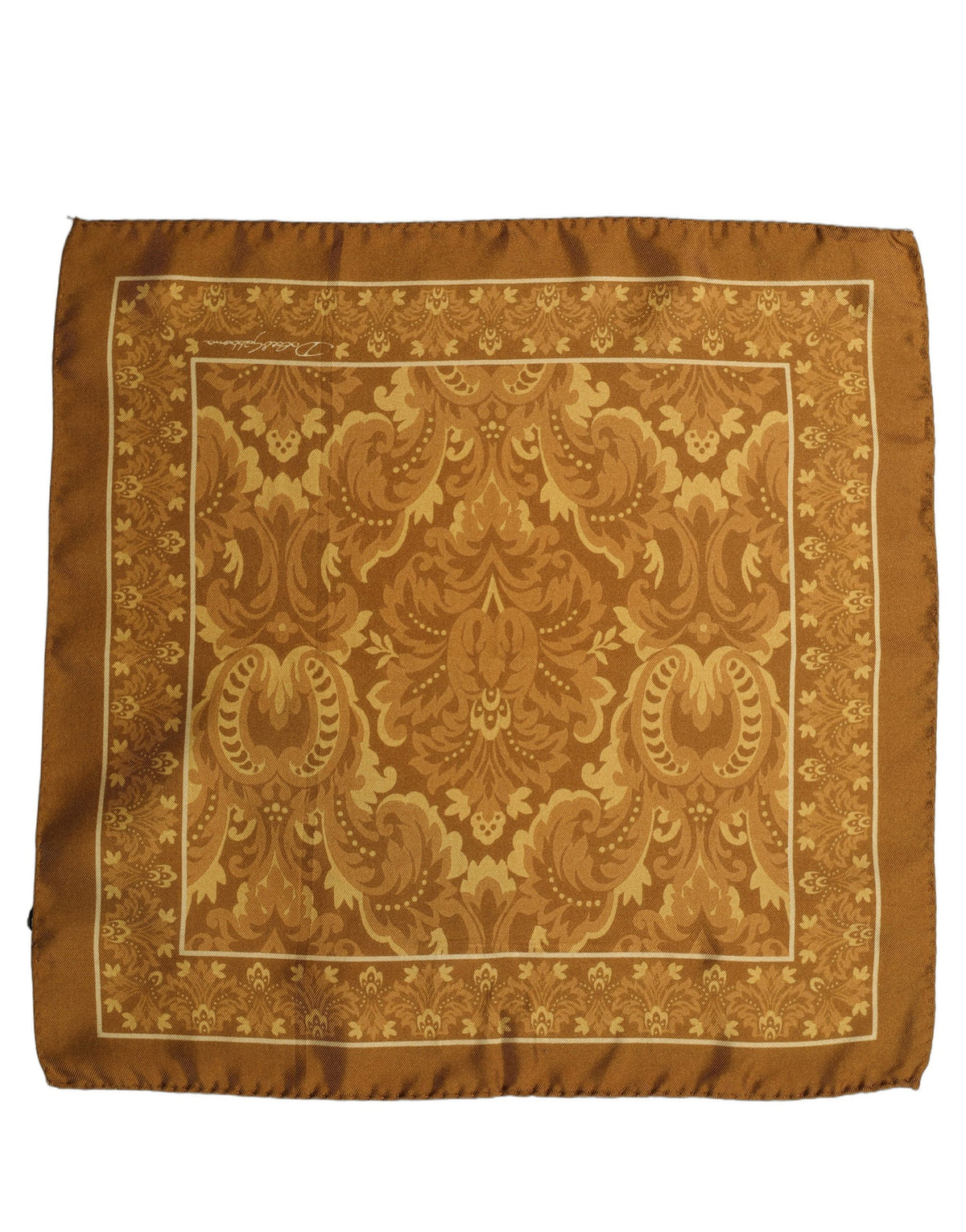 Dolce & Gabbana Brown Silk Damask Pocket Square Foulard Scarf 32cm x 32cm