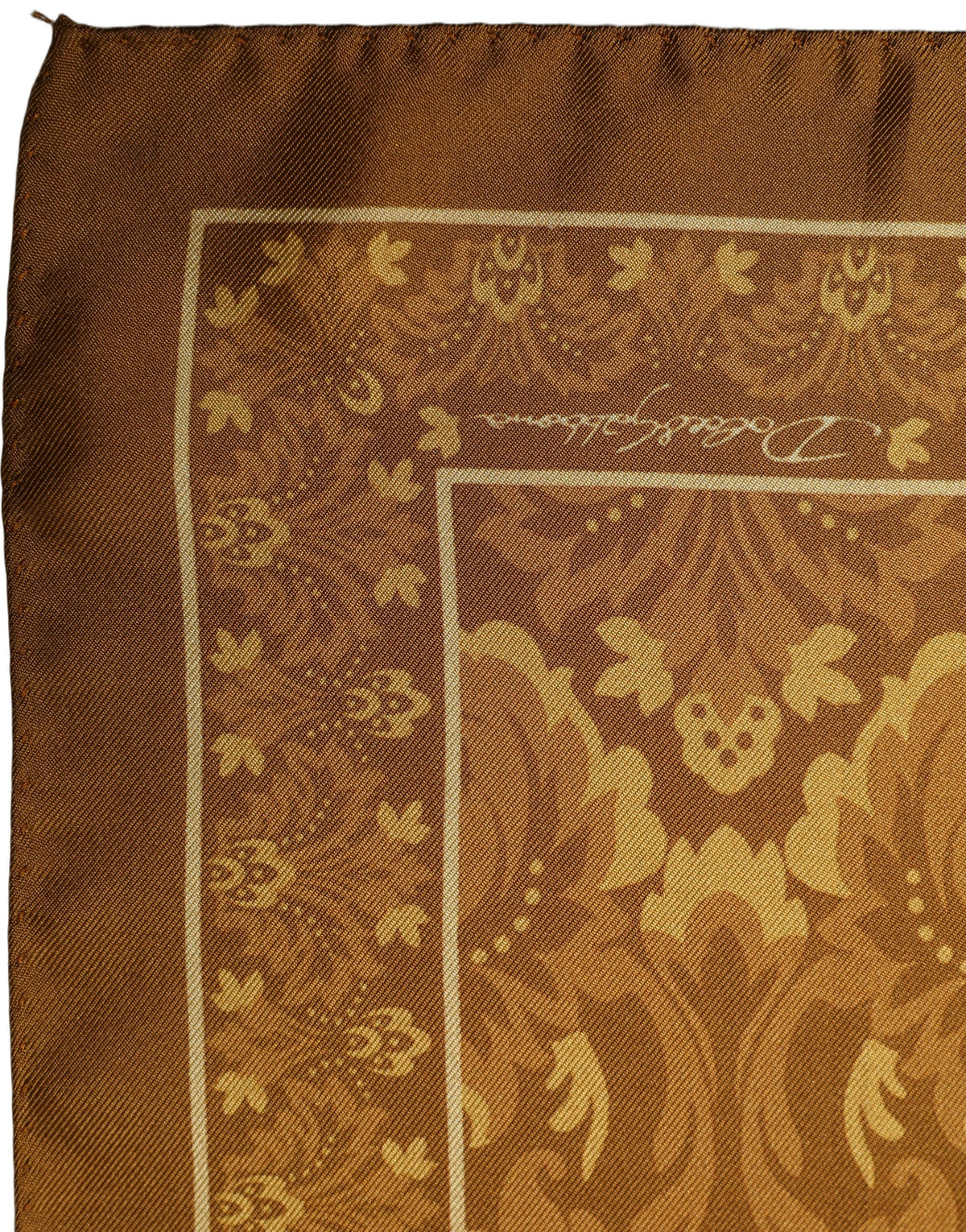 Dolce & Gabbana Brown Silk Damask Pocket Square Foulard Scarf 32cm x 32cm