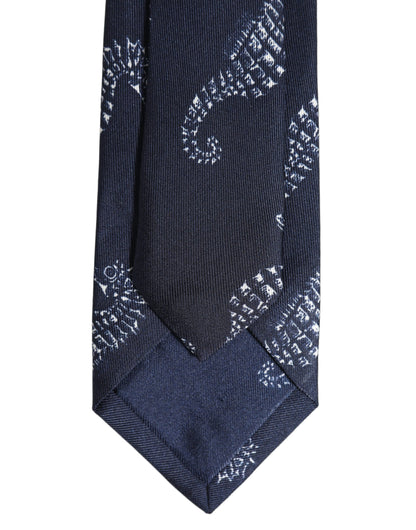 Dolce & Gabbana Dark Blue Silk Seahorse Print Adjustable Tied Necktie Tie