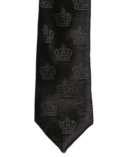 Dolce & Gabbana Men Black Crown Pattern Silk Adjustable Tied Necktie Tie