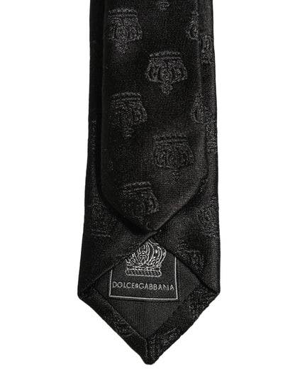 Dolce & Gabbana Men Black Crown Pattern Silk Adjustable Tied Necktie Tie