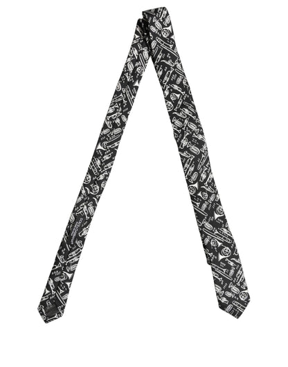 Dolce & Gabbana Black Musical Instrument Silk Adjustable Tied Necktie