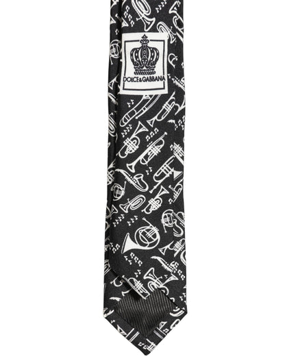 Dolce & Gabbana Black Musical Instrument Silk Adjustable Tied Necktie