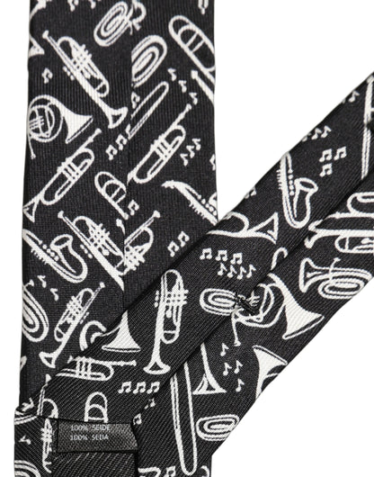 Dolce & Gabbana Black Musical Instrument Silk Adjustable Tied Necktie