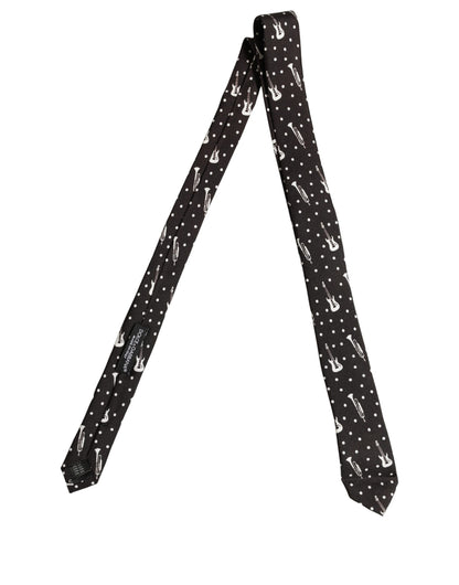 Dolce & Gabbana Black Musical Instrument Silk Adjustable Tied Necktie