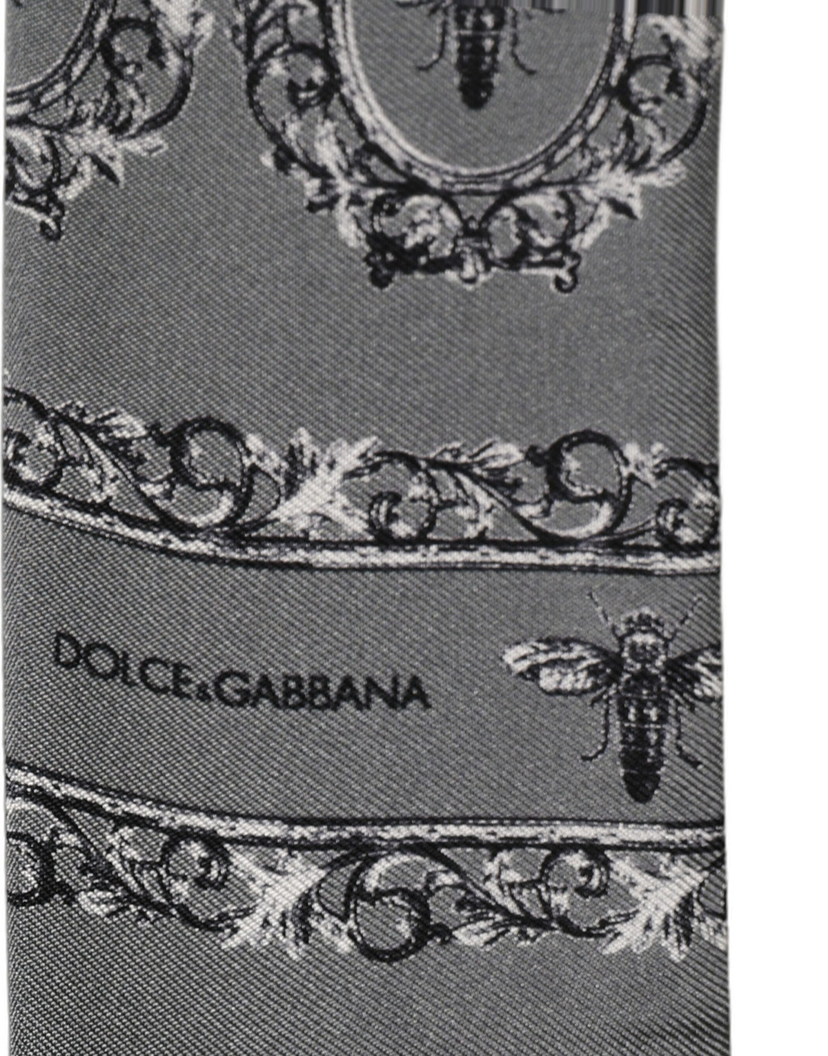 Dolce & Gabbana Gray Bee Silk Skinny Twilly Foulard Scarf 130cm x 6cm