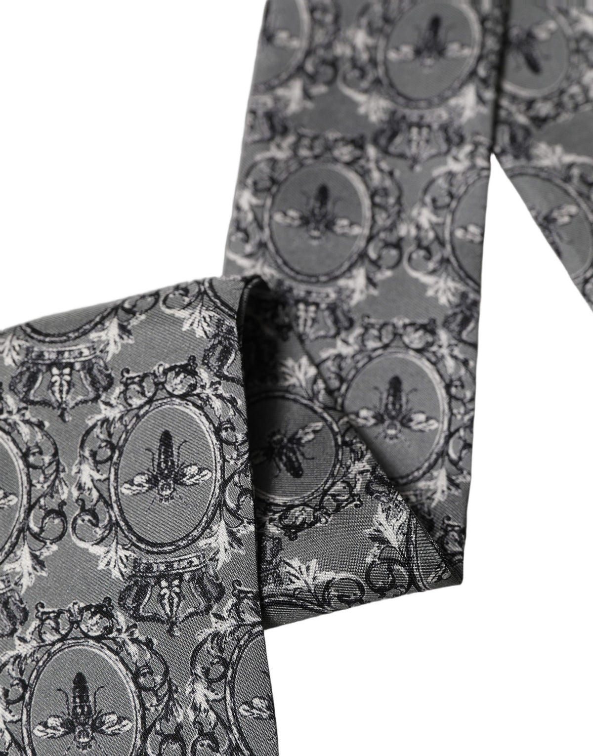 Dolce & Gabbana Gray Bee Silk Skinny Twilly Foulard Scarf 130cm x 6cm