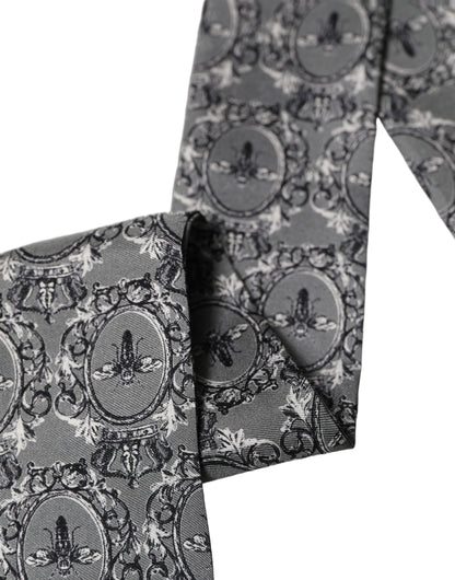 Dolce & Gabbana Gray Bee Silk Skinny Twilly Foulard Scarf 130cm x 6cm