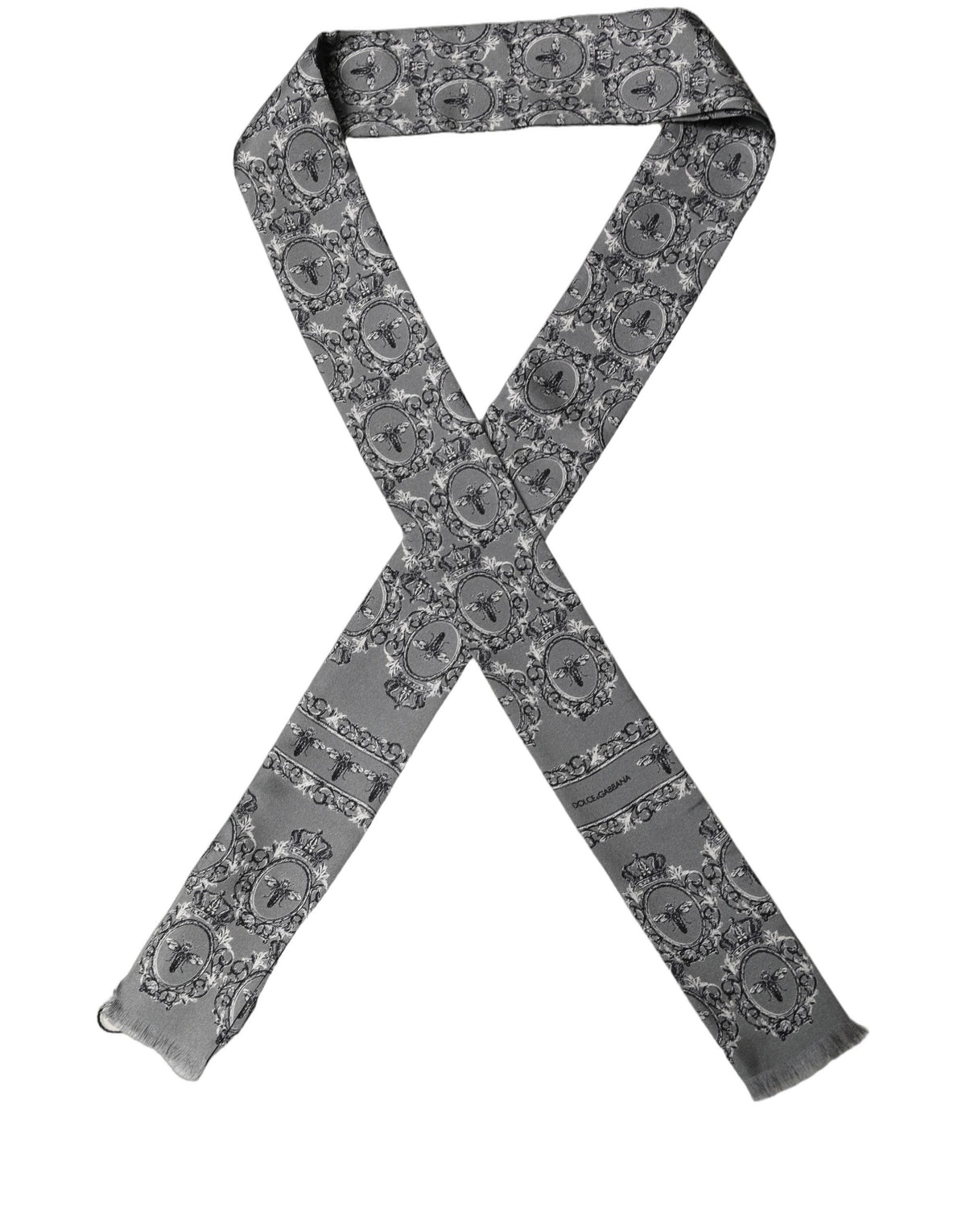 Dolce & Gabbana Gray Bee Silk Skinny Twilly Foulard Scarf 130cm x 6cm