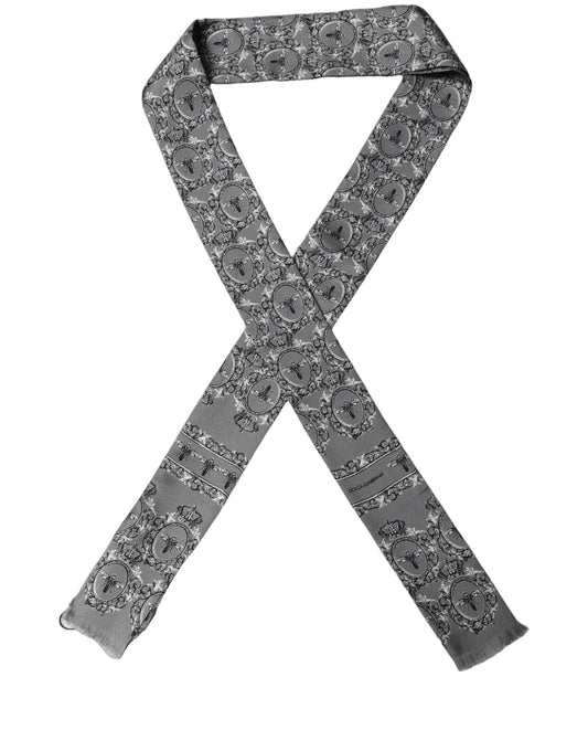 Dolce & Gabbana Gray Bee Silk Skinny Twilly Foulard Scarf 130cm x 6cm