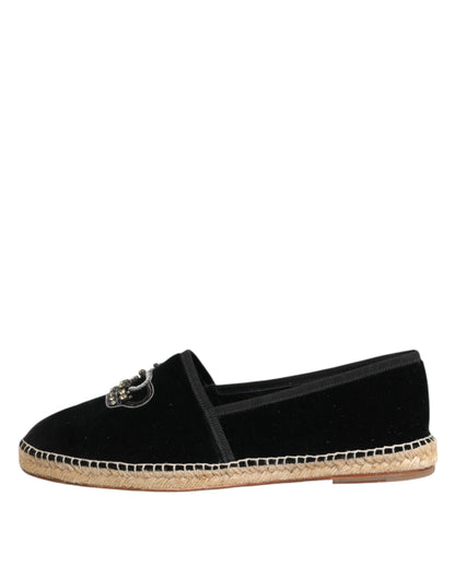 Dolce & Gabbana Black Embellished Crown Flat Espadrilles Shoes
