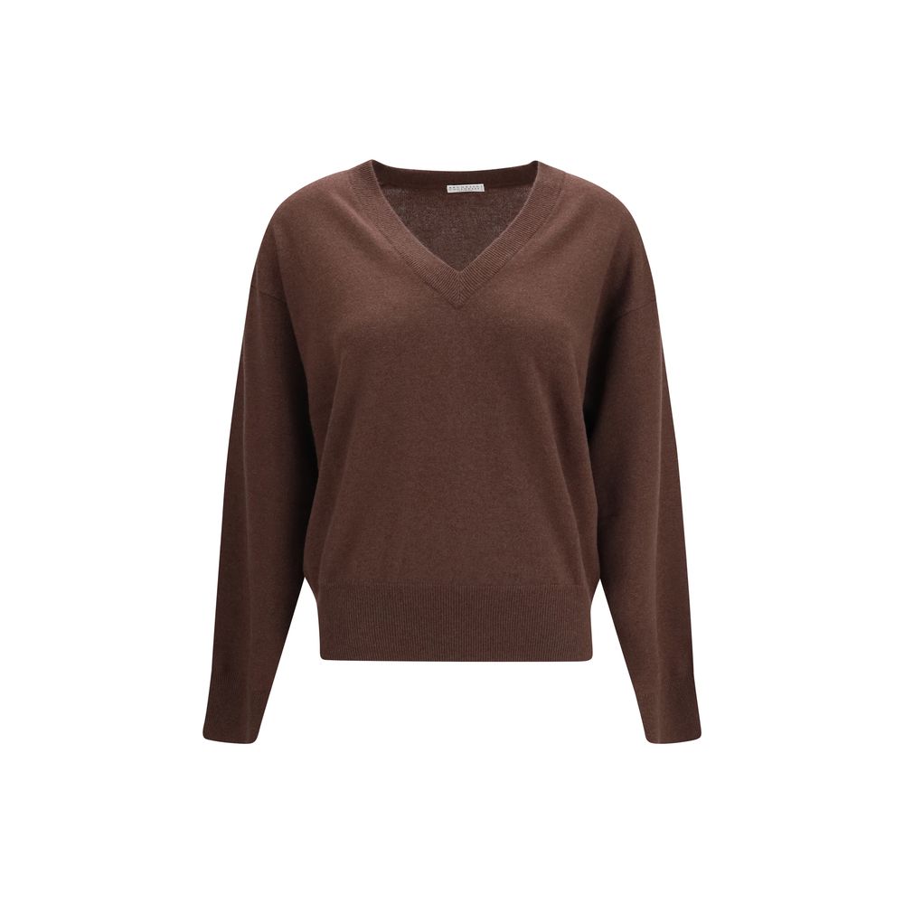 Brunello Cucinelli Brown Cashmere Sweater - V-Neck, Long Sleeves, Size S