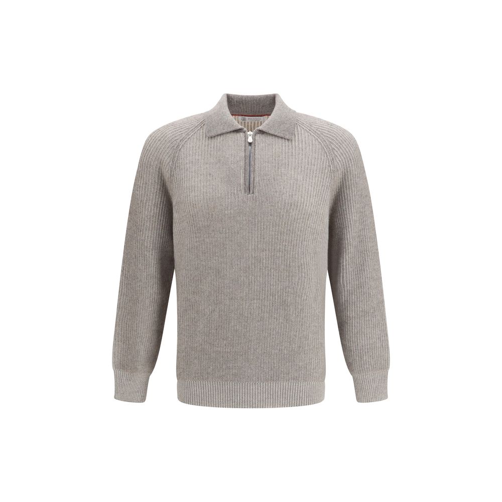 Brunello Cucinelli Gray Cashmere Milano Stitch Polo Sweater with Zip, IT48 | M, IT52 | XL