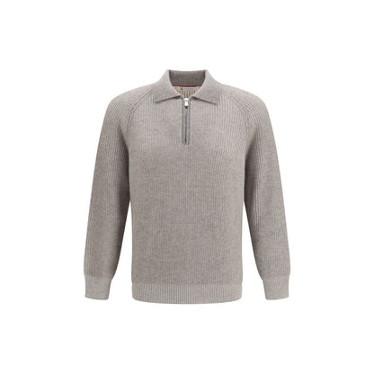 Brunello Cucinelli Gray Cashmere Milano Stitch Polo Sweater with Zip, IT48 | M, IT52 | XL