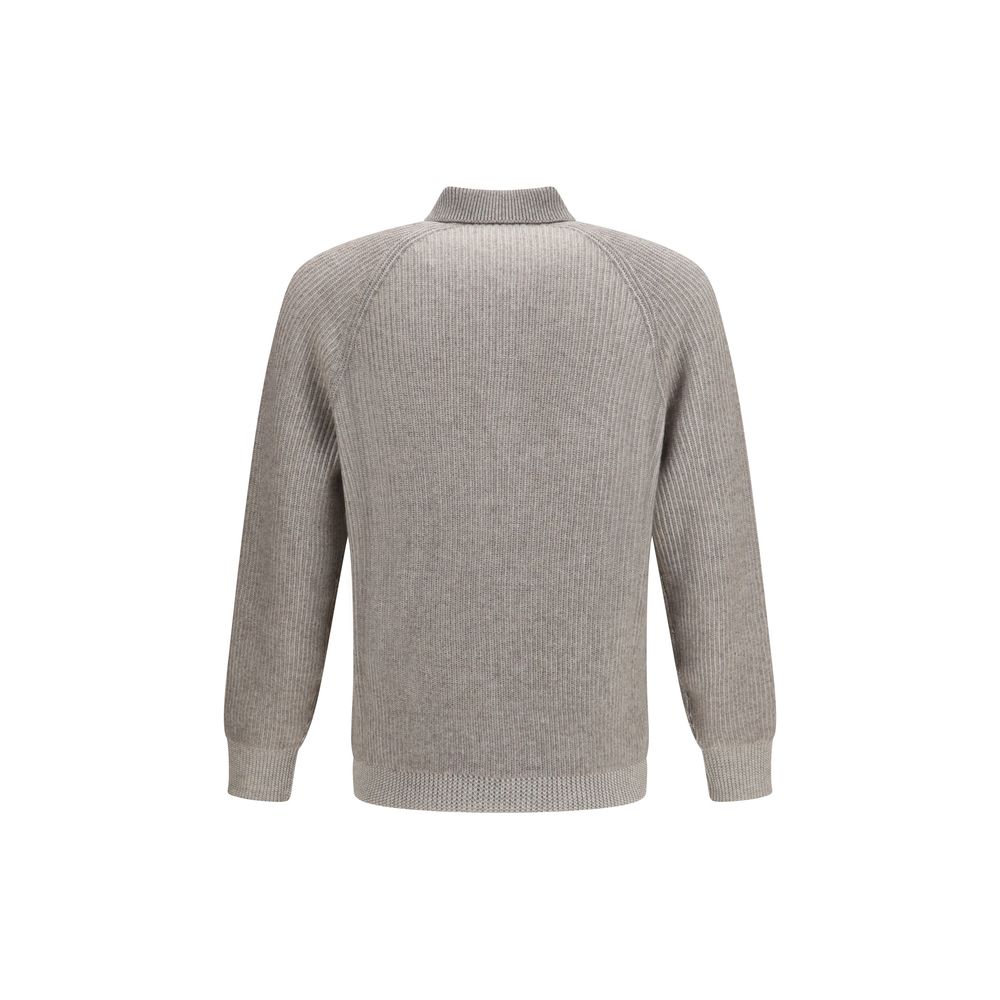 Brunello Cucinelli Gray Cashmere Milano Stitch Polo Sweater with Zip, IT48 | M, IT52 | XL