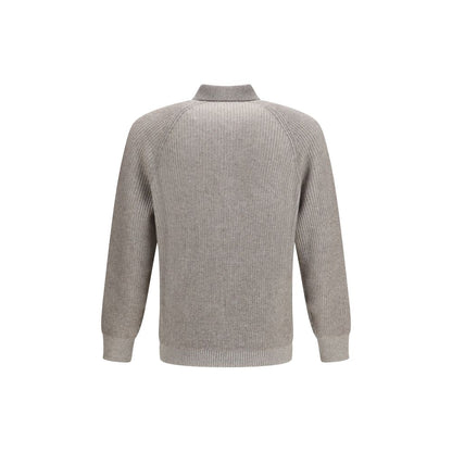 Brunello Cucinelli Gray Cashmere Milano Stitch Polo Sweater with Zip, IT48 | M, IT52 | XL