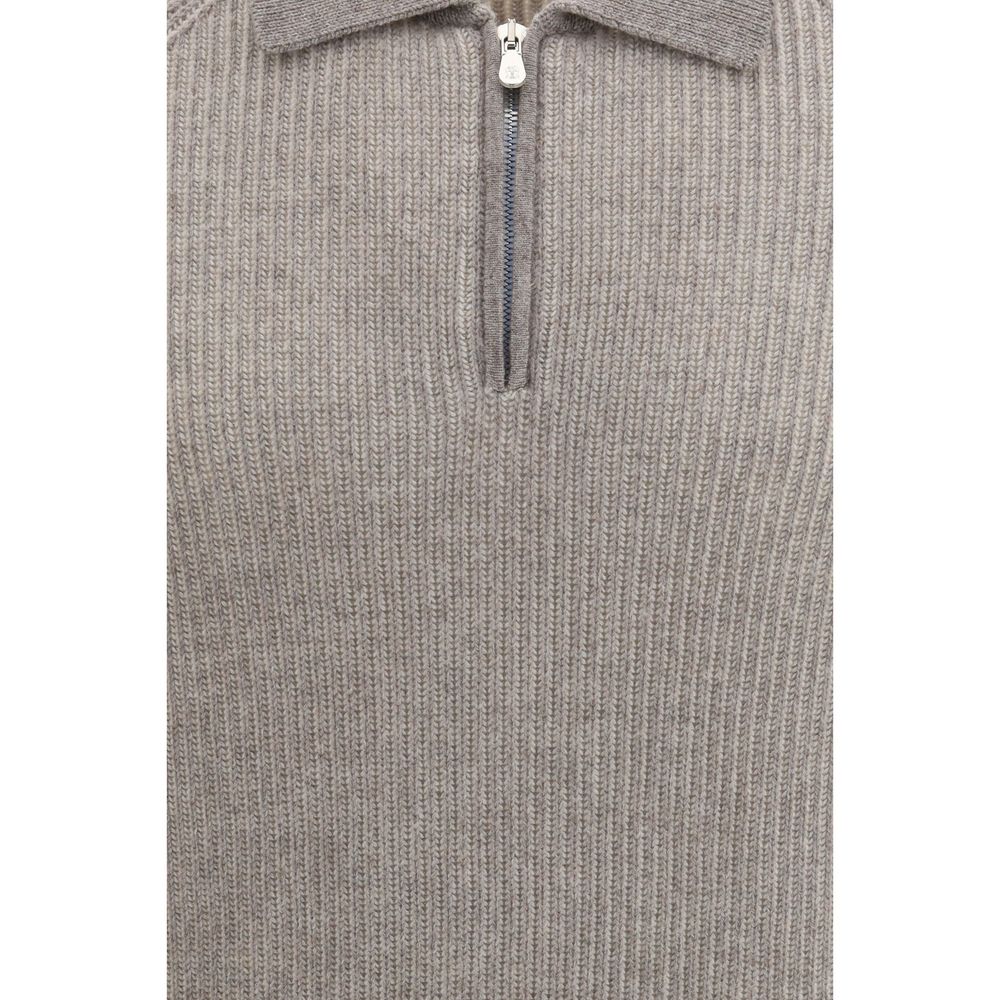 Brunello Cucinelli Gray Cashmere Milano Stitch Polo Sweater with Zip, IT48 | M, IT52 | XL