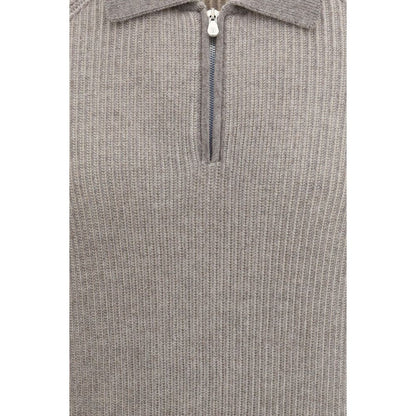 Brunello Cucinelli Gray Cashmere Milano Stitch Polo Sweater with Zip, IT48 | M, IT52 | XL