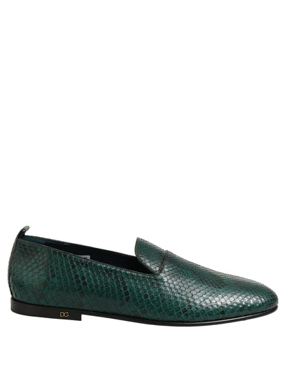 Dolce & Gabbana Dark Green Embossed Leather Loafers Shoes