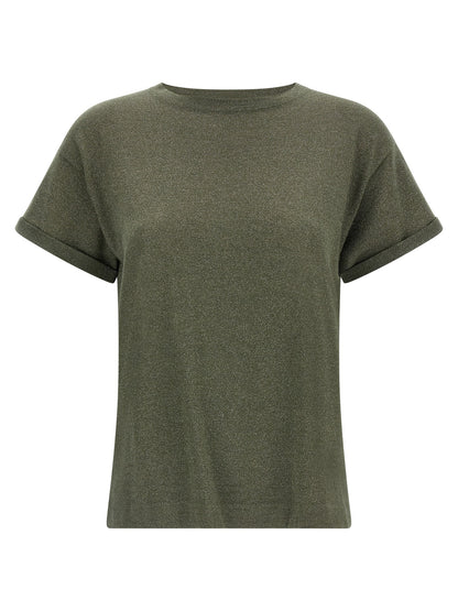 Brunello Cucinelli Bicolor Cashmere Sportswear T-Shirt in Olive Green