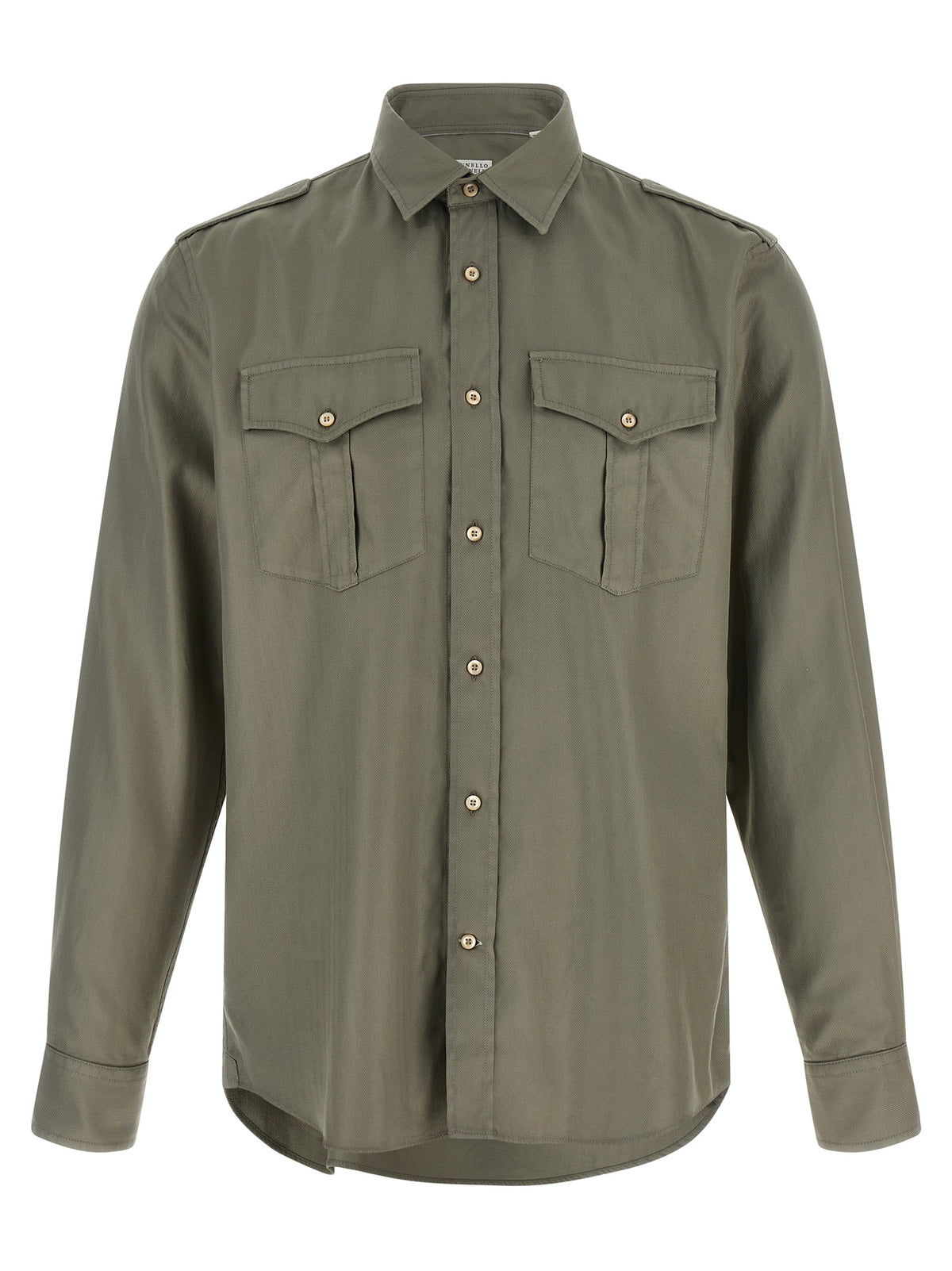 Brunello Cucinelli Bicolor Cotton Blouse in Olive Green
