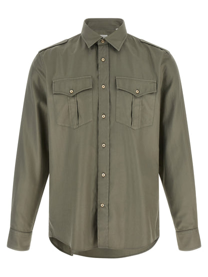 Brunello Cucinelli Bicolor Cotton Blouse in Olive Green