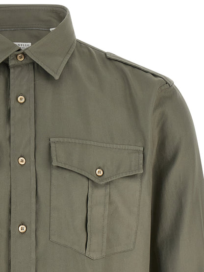 Brunello Cucinelli Bicolor Cotton Blouse in Olive Green
